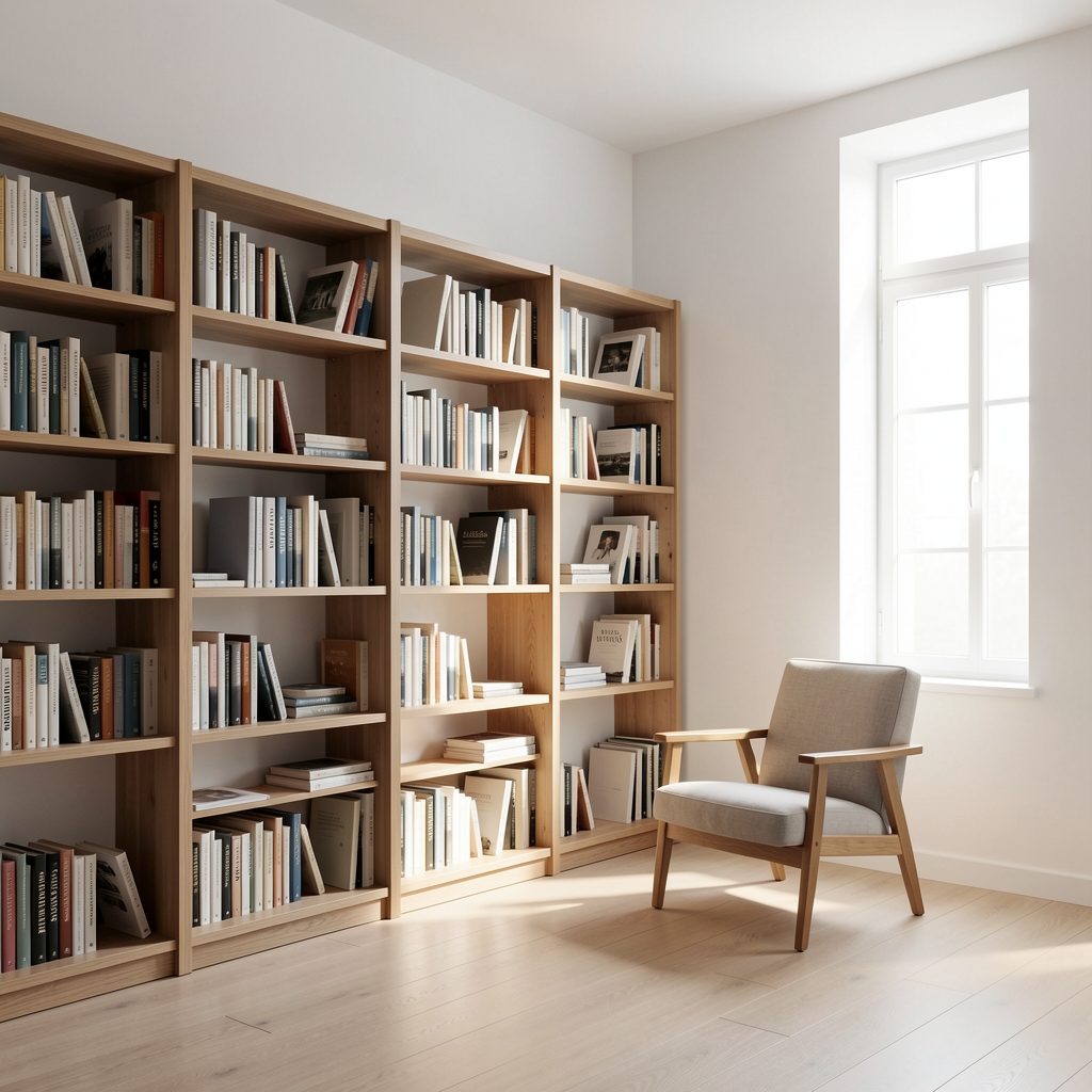 Sunlit minimalist study room with white walls, a large wooden bookshelf filled with volumes, and a single reading chair beside a tall window with diffused daylight