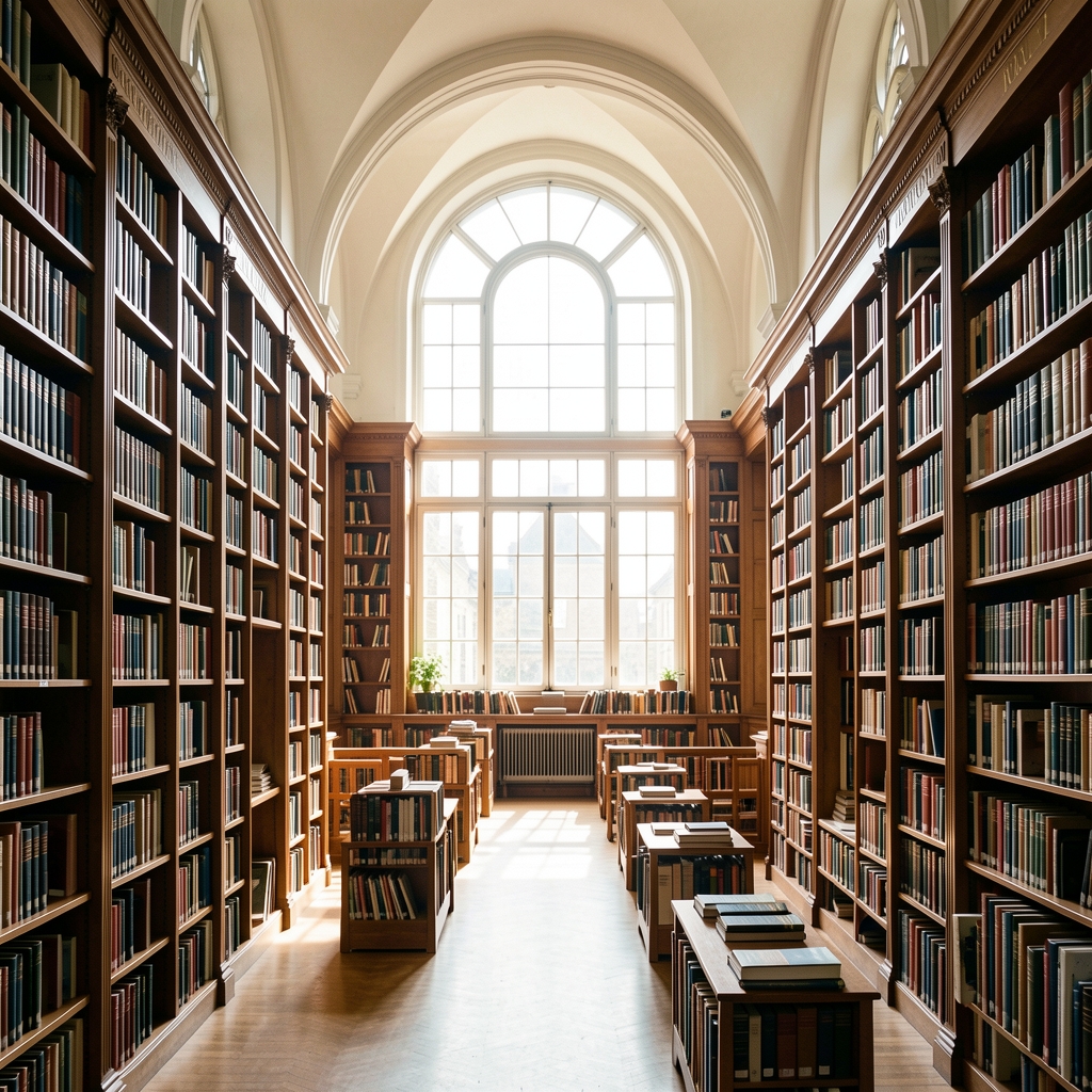 Expansive library interior with tall shelves of books under high arched windows with streaming natural light, conveying organized knowledge and intellectual depth