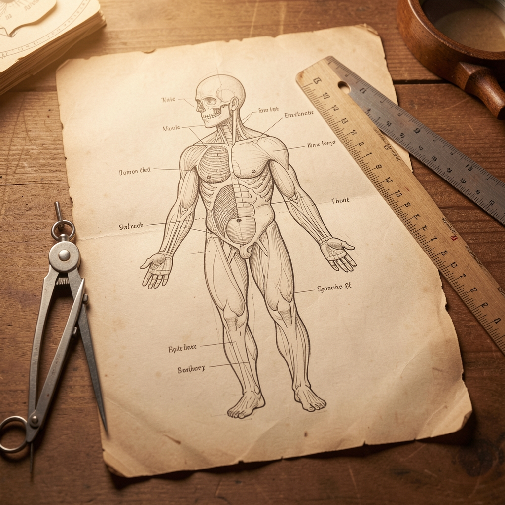 Overhead anatomical diagram sketch on aged paper with a compass and ruler alongside, depicting scientific illustration methodology in a warm studio setting