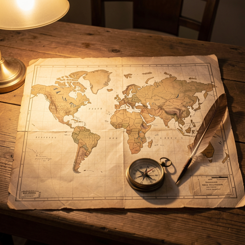 Aged world map spread flat on a wooden table with vintage compass and quill pen resting on it, soft golden lamp light casting long shadows, suggesting historical exploration