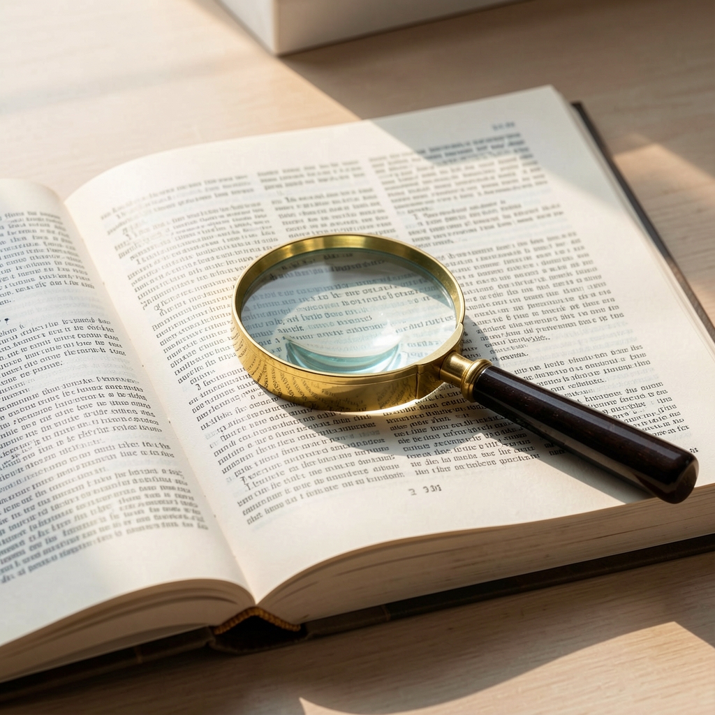 Open book with magnifying glass resting on a page with dense text, natural daylight coming from the side, suggesting close analysis and clarification of written information
