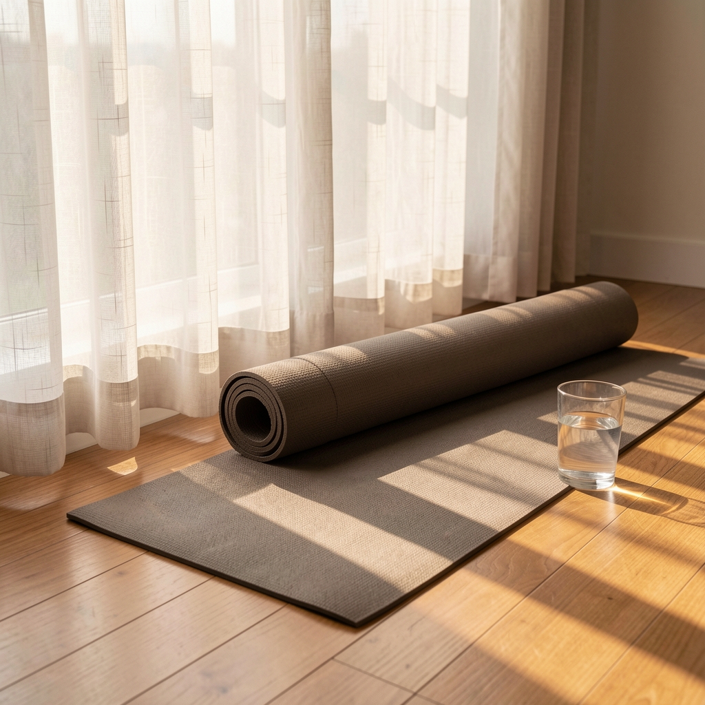 Morning sunlight streaming through gauze curtains onto a tidy wooden floor with a yoga mat partially rolled out and a glass of water nearby, conveying calm daily routine
