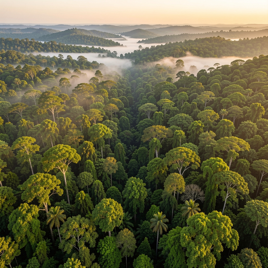 Aerial view of green forest with a winding river and patches of morning mist between the trees, representing the contrast between natural environment and urban surroundings