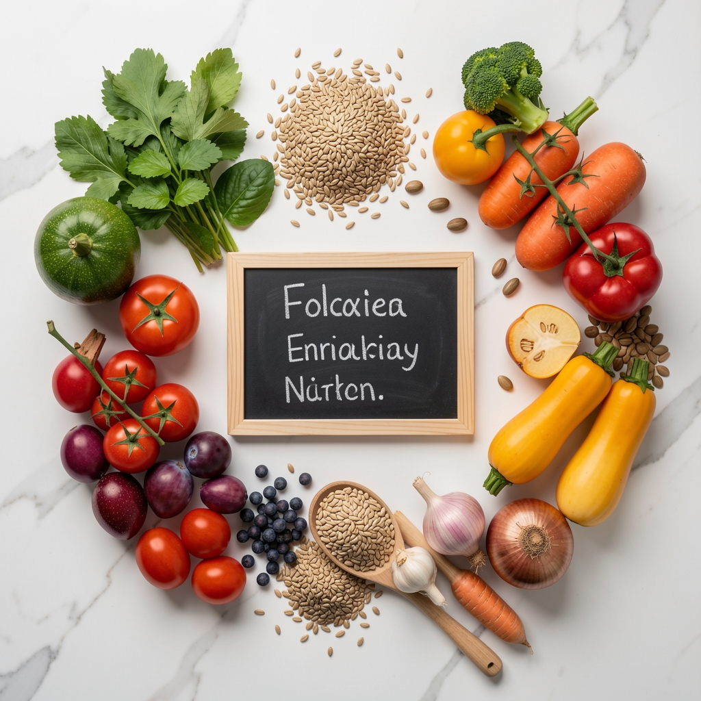 Flat lay of fresh vegetables and grains on a white ceramic surface with a small chalkboard showing handwritten text, representing food composition and nutritional awareness