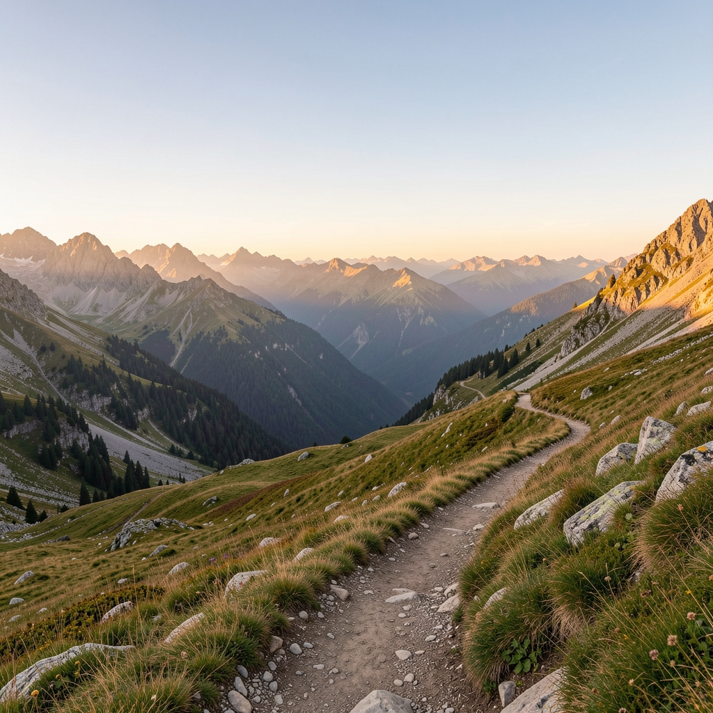Wide panoramic view of a mountainous landscape at golden hour with clear skies and a winding trail leading into the distance, inspiring curiosity and exploration