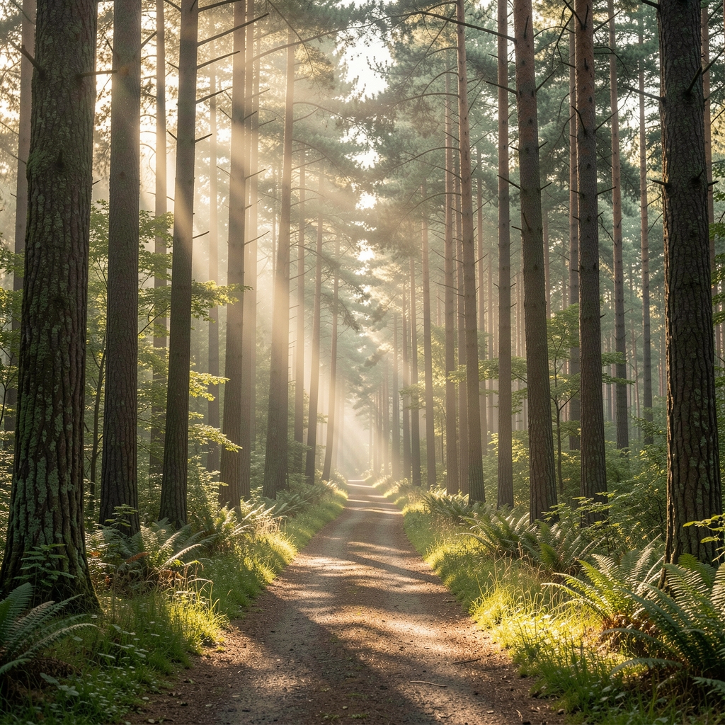 Serene natural landscape with morning light filtering through tall trees over a calm forest path, evoking a sense of balance and contemplation