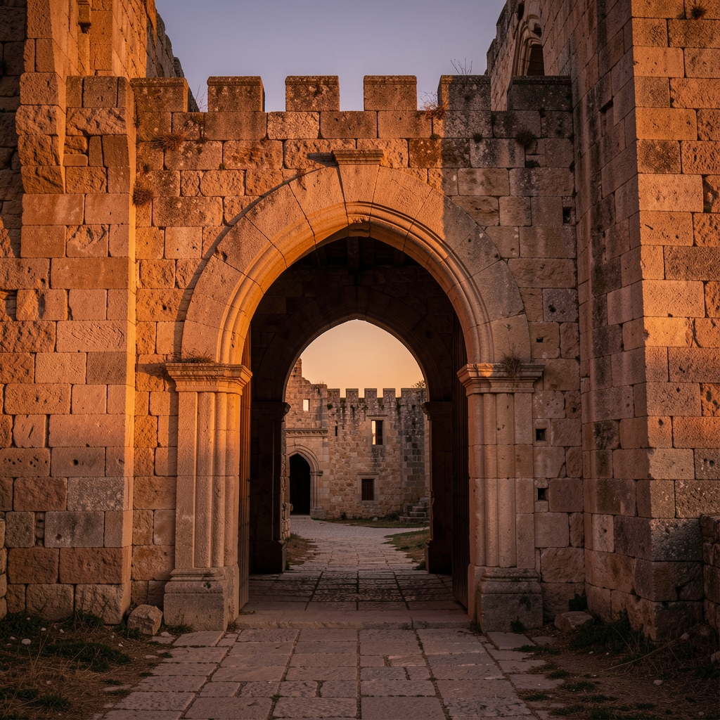 Stone archway of an ancient building at dusk with warm amber light casting deep shadows, evoking historical depth and the passage of time