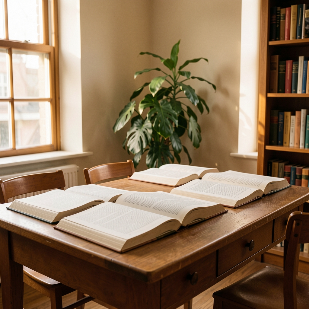 Quiet reading room with warm natural light, open books on a wooden desk and a green plant in the corner, suggesting focused intellectual engagement