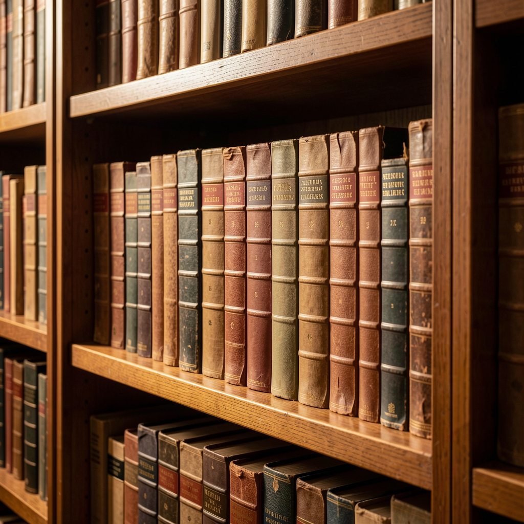 Close-up of a wooden library shelf with rows of aged hardcover books under warm directional light, evoking careful study and reference research